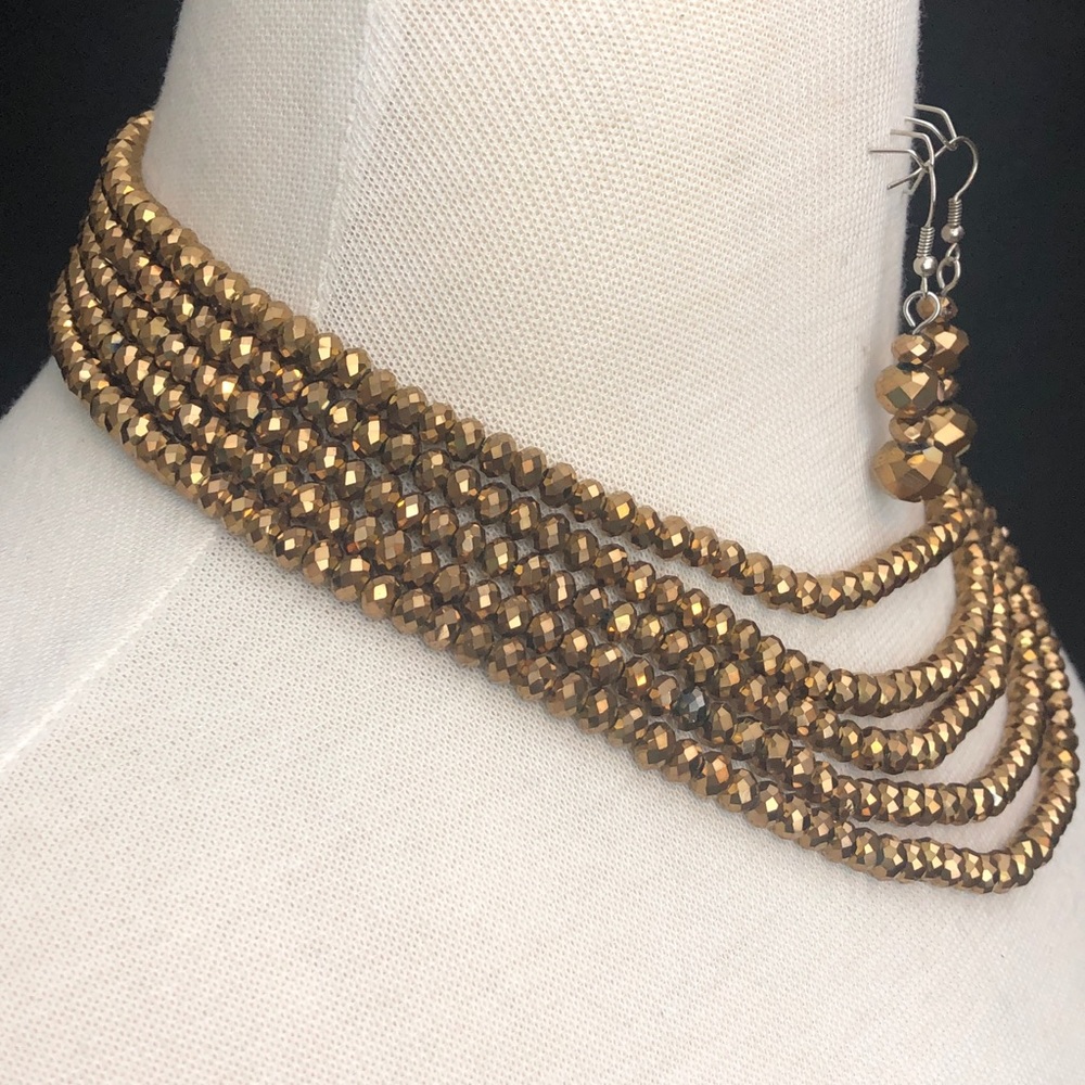 Brown Glass 5 Row Layered Bead Statement Necklace Dangle Earrings Set - Picture 3 of 5